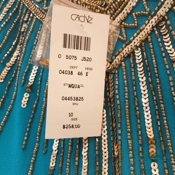 Cache NWT Aqua With Gold Beaded Sequin Chiffon Cocktail Dress Size 10 - Picture 9 of 15